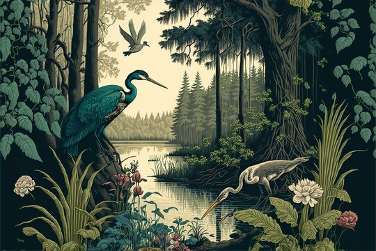 vintage wallpaper of forest landscape with lake, plants, trees, birds, herons, butterflies and insec