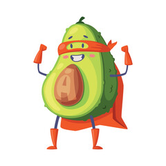 Poster - Green Avocado Superhero Character Standing Wearing Red Cloak or Cape and Mask as Justice Fighter Vector Illustration