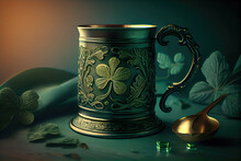 A Green Beer Mug With A Four Leaf Clover In The Background, Surrounded By A Festive Atmosphere Of St. Patrick's Day - Generative AI