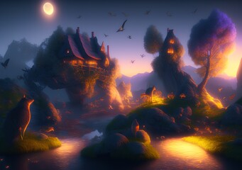 Canvas Print - Night Landscape with Fantasy Animals, Generative AI Illustration