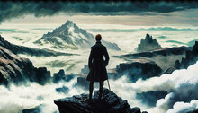 An Elegant Man Facing Mountain Peaks Over A Sea Of Clouds, In The Style Of Caspar David Friedrich - Generative Ai