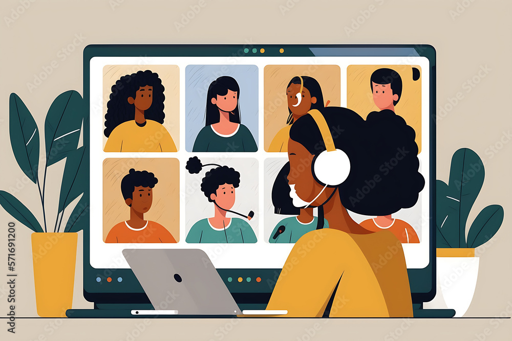 Flat vector illustration Latino Indian adult students working remotely ...