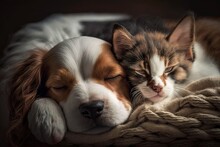 Cat And Dog Sleeping Together. Kitten And Puppy Taking Nap. Home Pets. Animal Care. Love And Friendship. Domestic Animals Generative Ai