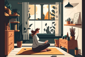 Wall Mural - Flat vector illustration Healthy calm young woman meditating with closed eyes, doing pilates breathing exercises at home, relaxing sitting on floor in living room. Mental Health and Meditation…  