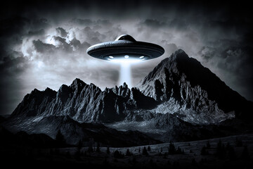 Wall Mural - unidentified flying object UFO hovering above mountains