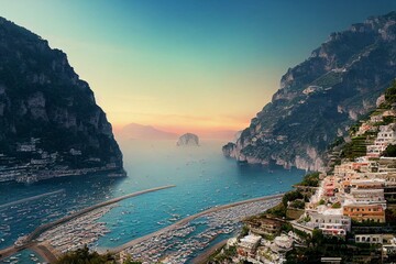 beautiful landscape with positano town at famous amalfi coast, italy. generative ai