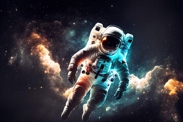 Wall Mural - astronaut in space suit flying in outer space with planet on background, close up. deep space explor