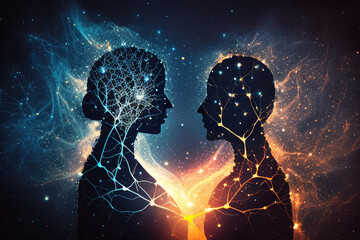 Wall Mural - spiritual connection between people. couple souls silhouettes on absctract cosmic background. man an
