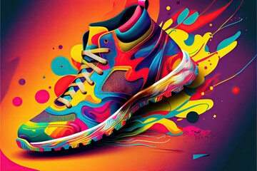 Wall Mural - Creative bright colorful sneakers on dark background. Sport footwear and fashion concept. Banner for desigh. Created with Generative AI