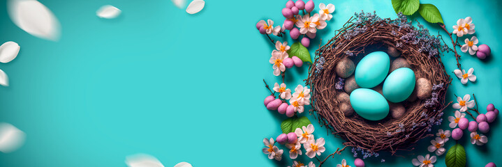 Wall Mural - Easter nest with colorful turquoise Easter eggs and spring flowers. Illustration banner. Generative AI