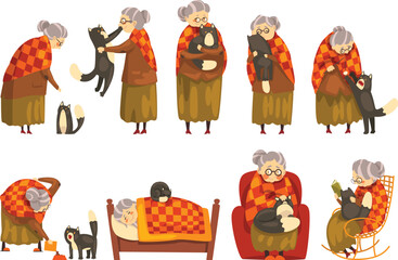 Sticker - Elderly pet owner and cat. Senior woman feeding, hugging, playing with four legged animal friend cartoon vector Illustration