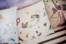 Children's Pillow, Pillowcase With Unicorn Motif. Birthday In Unicorn Style, Decorating Ideas. Happy Childhood Concept