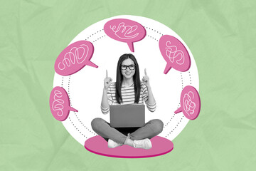 Sticker - Photo cartoon comics sketch collage picture of happy smiling lady typing emails gadget pointing fingers isolated drawing background