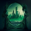 Emerald City, a fantastic city with houses and streets of green emerald color, view from afar