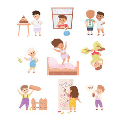 Sticker - Little Mischievous Kids with Bad Behavior Making Mess and Chaos Vector Set