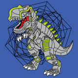 Fototapeta Dinusie - ROBOT TYRANNOSAURUS WITH GREEN DETAILS AND A GEOMETRIC FIGURE BEHIND IT