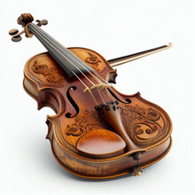 Beautiful Vintage Violin With Patterns Isolated On White Close-up. Great Musical Instrument 