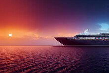 A Large Cruise Liner Ship Sails On The Waves In The Ocean In The Rays Of Sunset Light, The Concept Of Sea Travel, Front View.. Generative AI