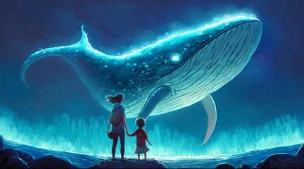 A mother and her daughter are depicted looking up at a whale with blue light flying in the night sky