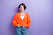 Portrait Of Lovely Positive Lady Toothy Smile Look Interested Empty Space Isolated On Purple Color Background