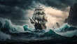 Pirate Ship on Rough Sea. Generative AI.