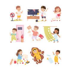 Poster - Little Mischievous Kids with Bad Behavior Making Mess and Chaos Vector Set