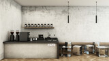 Fototapeta Do przedpokoju - Cafe shop  Restaurant design Modern and Loft,Black metal concrete counter,Concrete wall,Wood floors -3D render