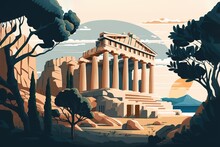 Illustration Postcard Of Acropolis Of Athens In Greece. Generative AI Illustration