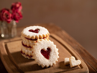 Wall Mural - heart cookies in a wooden backdrop