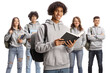 African american male student holding a book and a group of caucasian students posing in the back