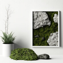 Frame poster mockup in home interior, fuzzy moss and rocks AI Generaion.