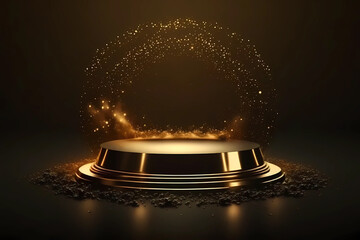 Product display presentation on luxury gold empty podium stand with shiny particles glamor to showcase stage advertising for cosmetics and beauty. Mockup golden showcase blank pedestal Generative AI