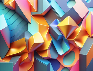 Wall Mural - Holographic abstract background featuring a Cubism-inspired design with geometric shapes and bold, vibrant colors. The interplay of light and shadow creates a dynamic and futuristic feel.