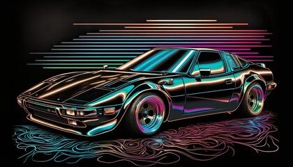 Poster - Japanese luxury 1980s vintage classic expensive sports racing car vehicle neon synthwave vaporware retrowave black background