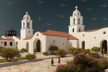 Exterior Of Mission San Jose Del Cabo With Bird Flying In Sky Above. Generative AI