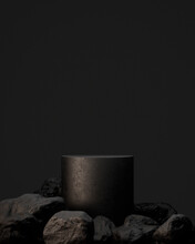 Black Podium Or Pedestal For Product Showcase. Stand Product Mockup. Pile Of Rocks Empty Platform. Dark Background Product Stage. 3d Render Illustration