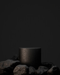 Wall Mural - Black podium or pedestal for product showcase. Stand product mockup. Pile of rocks empty platform. Dark background product stage. 3d render illustration