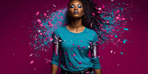 Wall Mural - Beautiful black woman, vivid makeup, magenta simple background. Generative AI