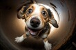 Funny smiling dog with big eyes mixed breed - wide fish eye perspective close up. AI generative