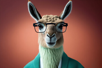 Studio photo portrait of a lama in business clothes on, concept of Professionalism and Humor, created with Generative AI technology