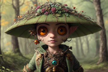 Wall Mural - Tiny fantasy antropomorphic forest creature with big cute eyes in mushroom hat decorated with flowers, AI generated