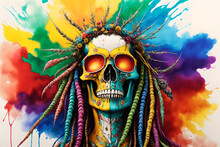 Painted Human Skull With Colorful Dreads, Flowers And Paint Spashes, AI Generated