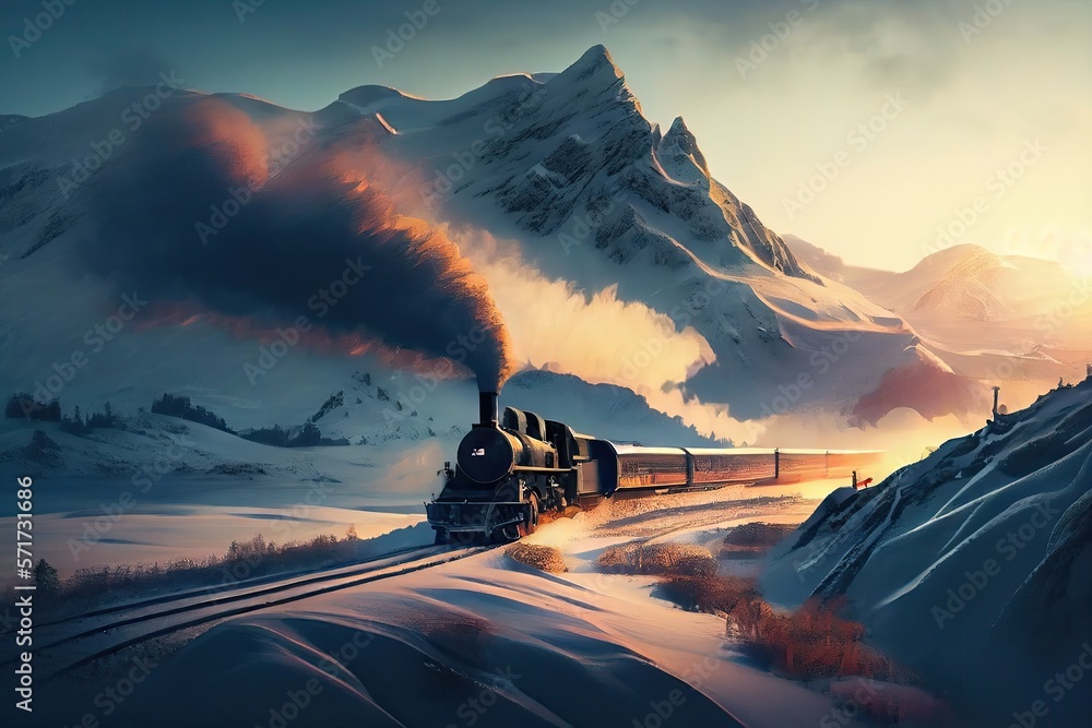 Snowy mountains with a steam locomotive train winding through the ...