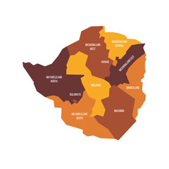 Naklejka na meble Zimbabwe political map of administrative divisions - provinces. Flat vector map with name labels. Brown - orange color scheme.