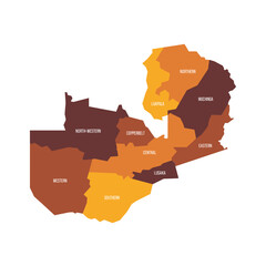 Naklejka na meble Zambia political map of administrative divisions - provinces. Flat vector map with name labels. Brown - orange color scheme.