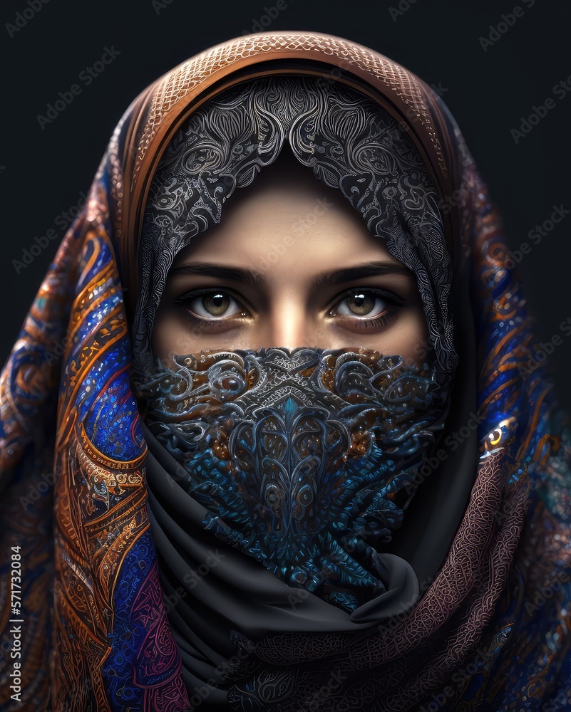 Portrait of Young arabic woman wearing a exotic burqa niqab looking at ...