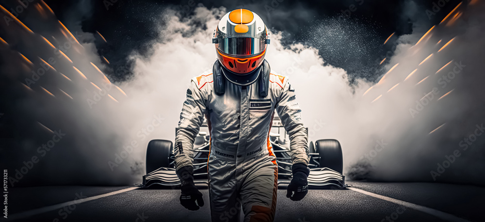 formula one racing driver before start of competition on track. Banner ...