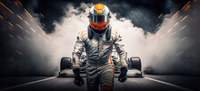 Formula One Racing Driver Before Start Of Competition On Track. Banner With Copy Space, Digital Ai Art