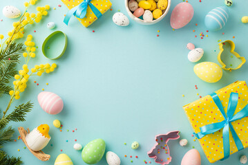 Wall Mural - Easter concept. Top view photo of yellow present boxes plate with easter eggs mimosa flowers chicken baking molds and sprinkles on isolated pastel blue background with empty space in the middle