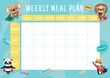 © Rudzhan - Supreheroes weekly meal planner. Design element for drawing up childrens diet. Healthy eating and proper nutrition. Grocery list with funny fox, lion, koala and panda. Cartoon flat vector illustration